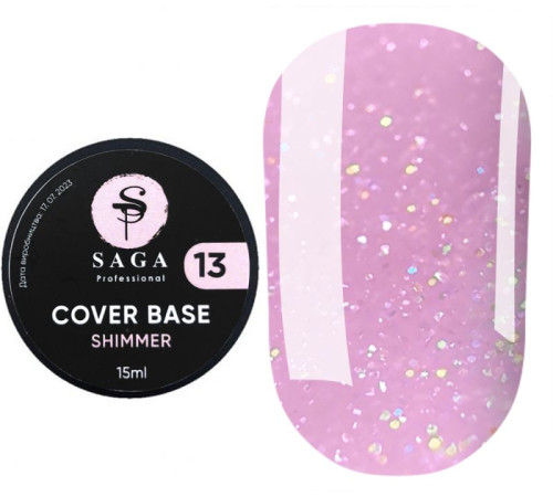 Saga Shimmer base nail base No. 13, pink with shimmer, 15 ml