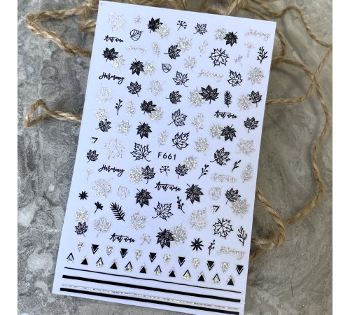 Stickers for nail design F 661, leaves Black-Silver