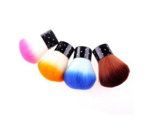 A soft dusting brush with a short handle in a range of colors